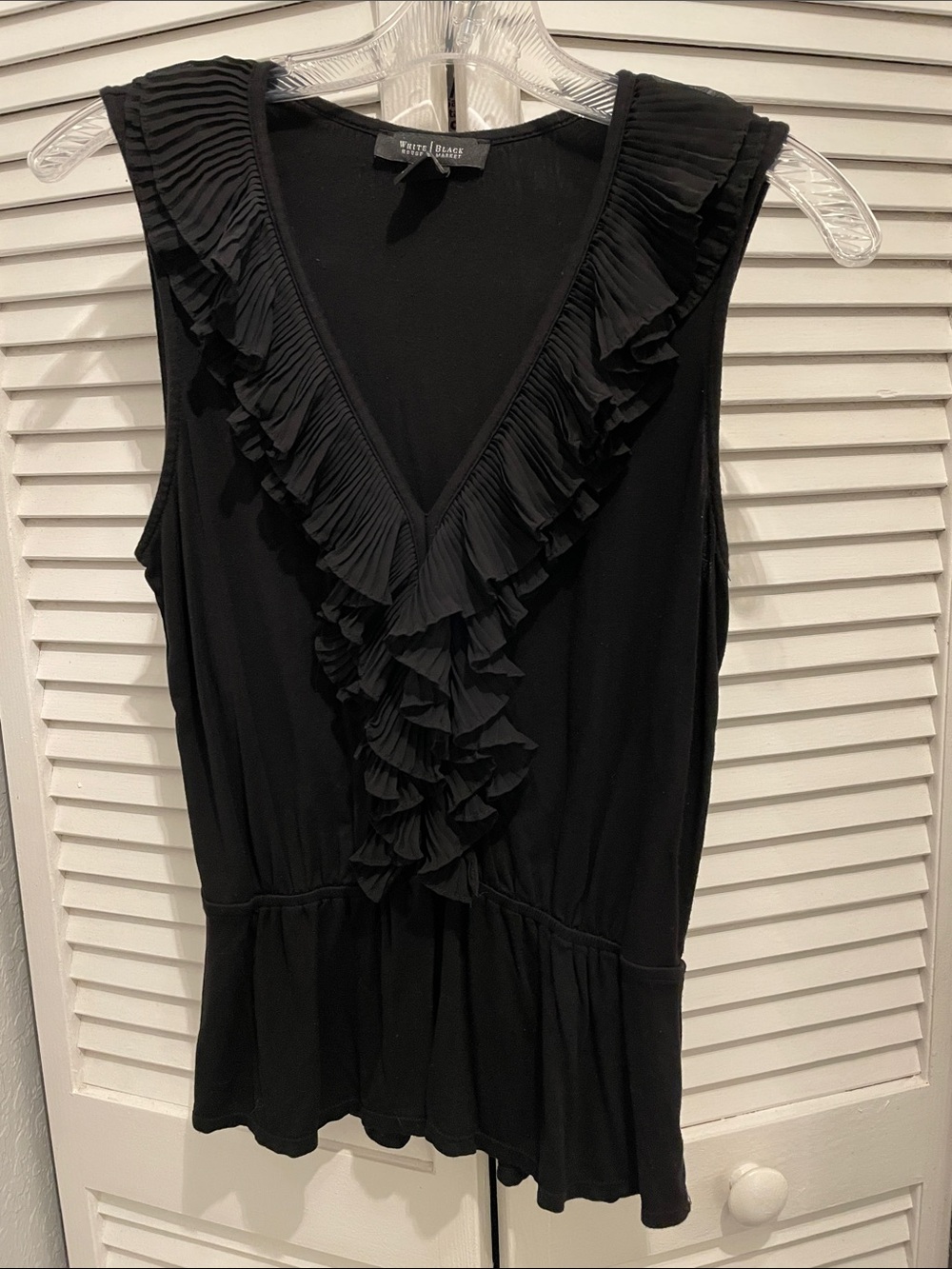 White House Black Market Black Pleated Ruffle V-Neck Sleeveless Top
